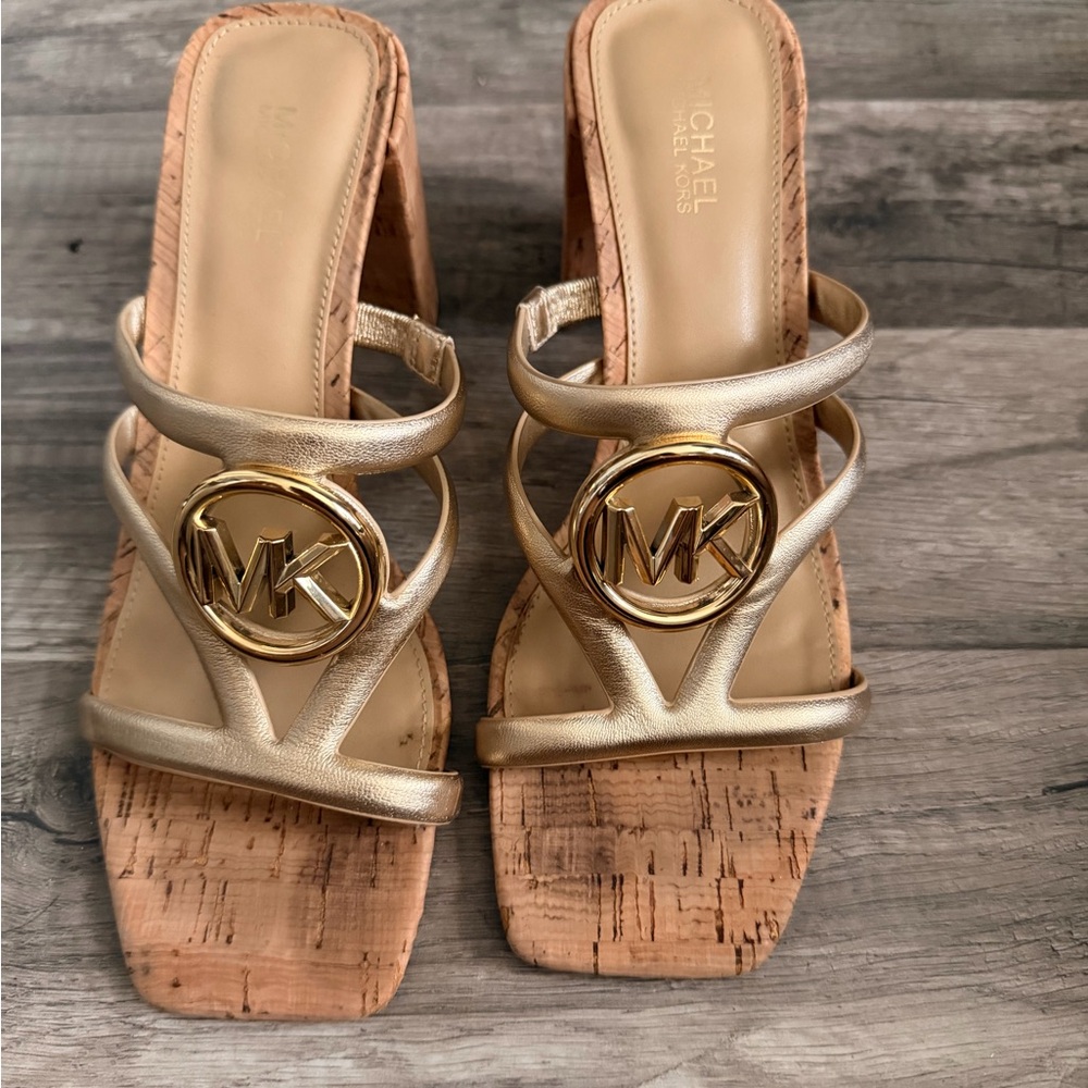 MICHAEL Michael Kors Metallic Gold Cork Logo Slide Heels